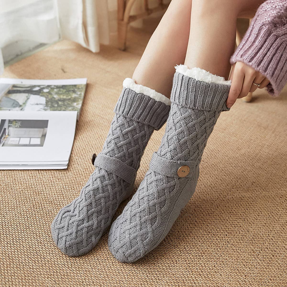 ACCITY Knit Solid Color with Button Plush Sherpa Lined Slipper Socks