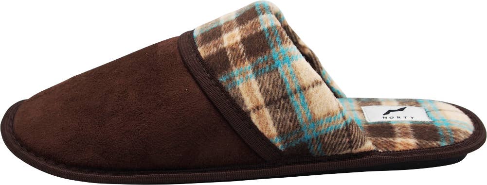 Norty Men's Faux Suede & Plaid Mule Slippers / Brown & Blue