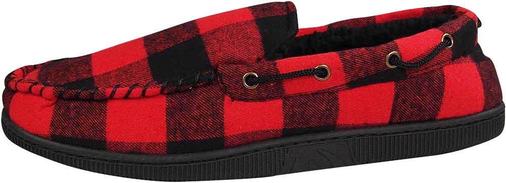 Norty Men's Buffalo Plaid Memory Foam Moccasin Slippers / Red & Black