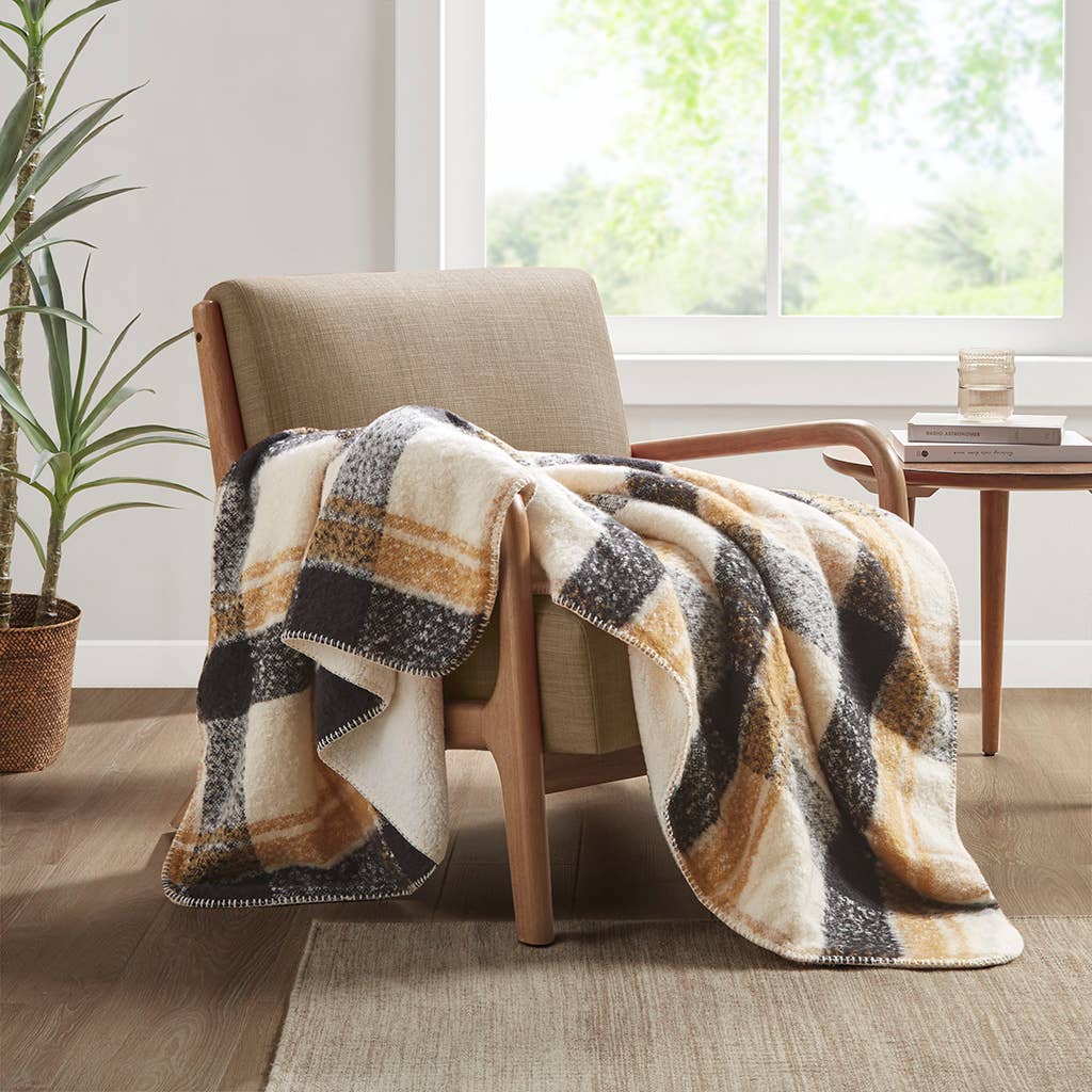 Plaid Faux Mohair Sherpa Throw Blanket 50x60", Tan