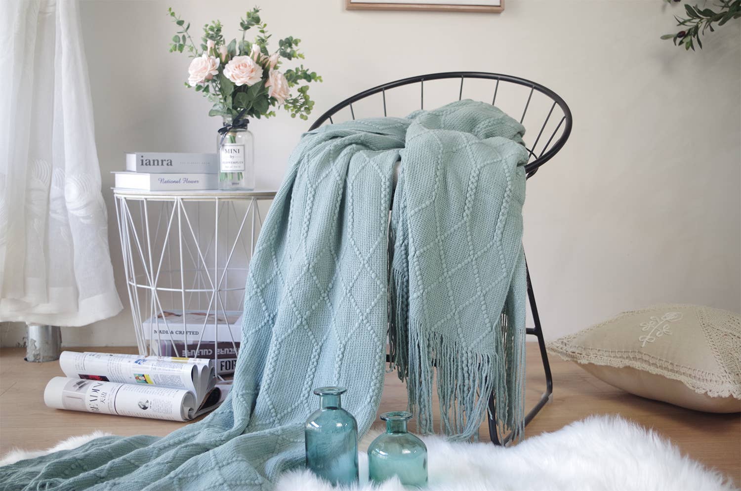 Fennco Styles Rhombus Diamond Knit with Tassel Trim Throw Blanket