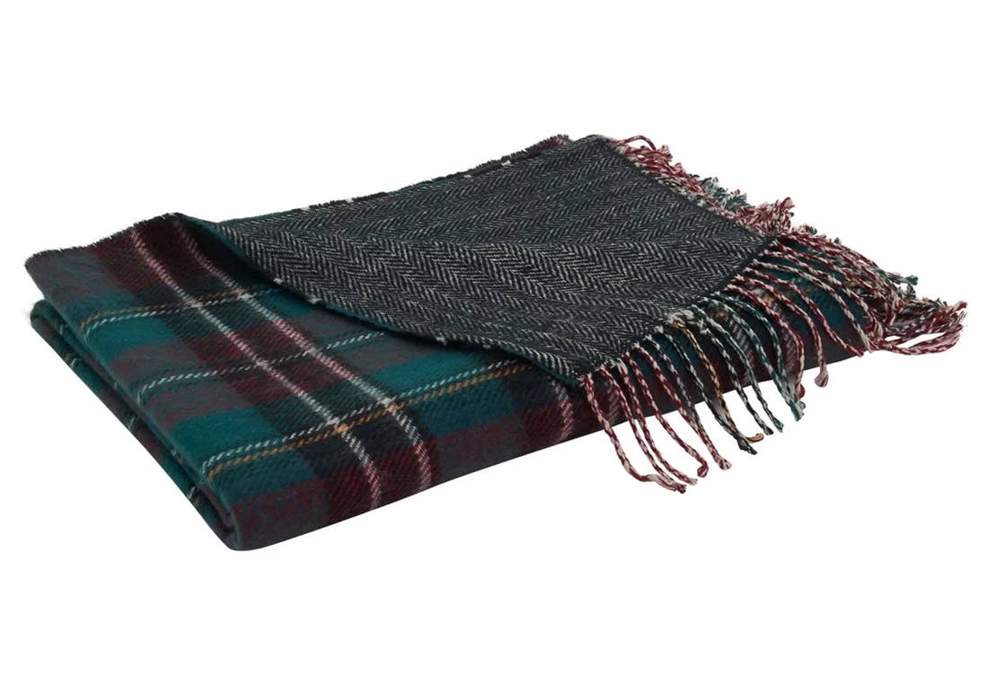 Fennco Styles Reversible Plaid & Herringbone with Tassel Trim Throw Blanket / Green, Red, Yellow, White