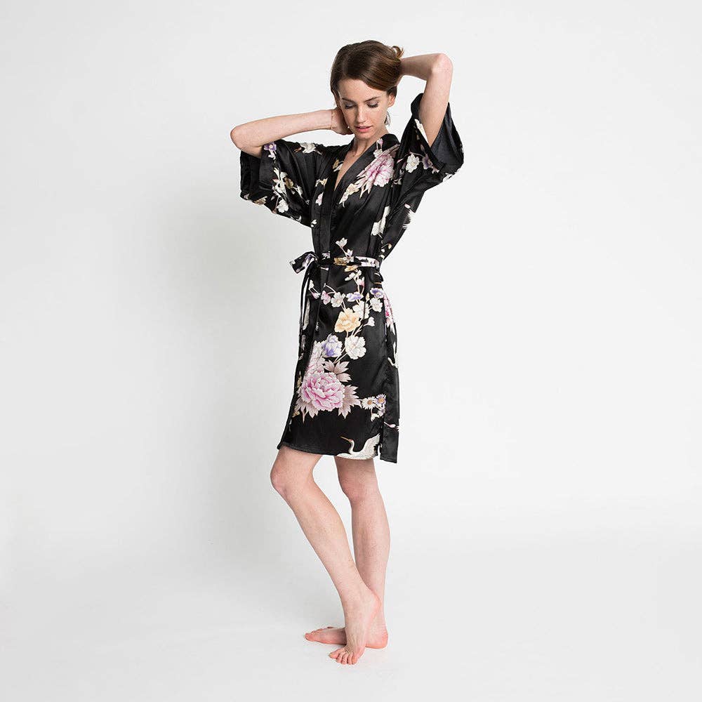 Chrysanthemum & Crane Short Kimono Robe