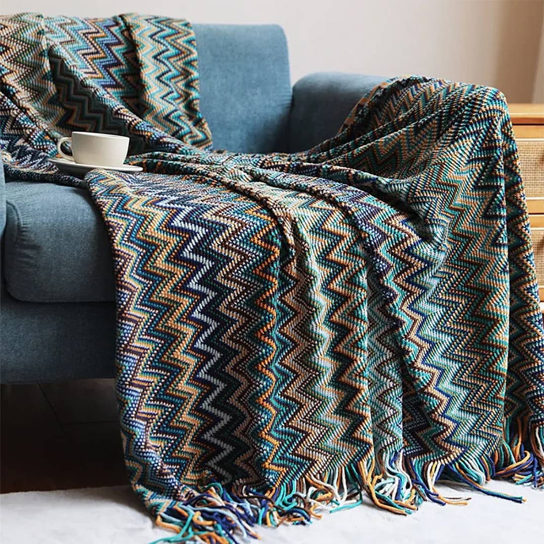Fennco Styles Zigzag Colors Crochet with Tassel Trim Throw Blanket