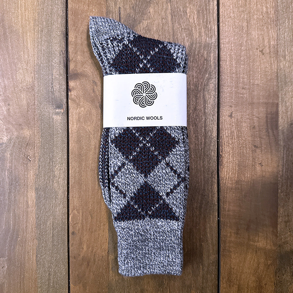 Nordic Wools Vagn Argyle Merino Wool Blend Unisex Socks / Gray & Black
