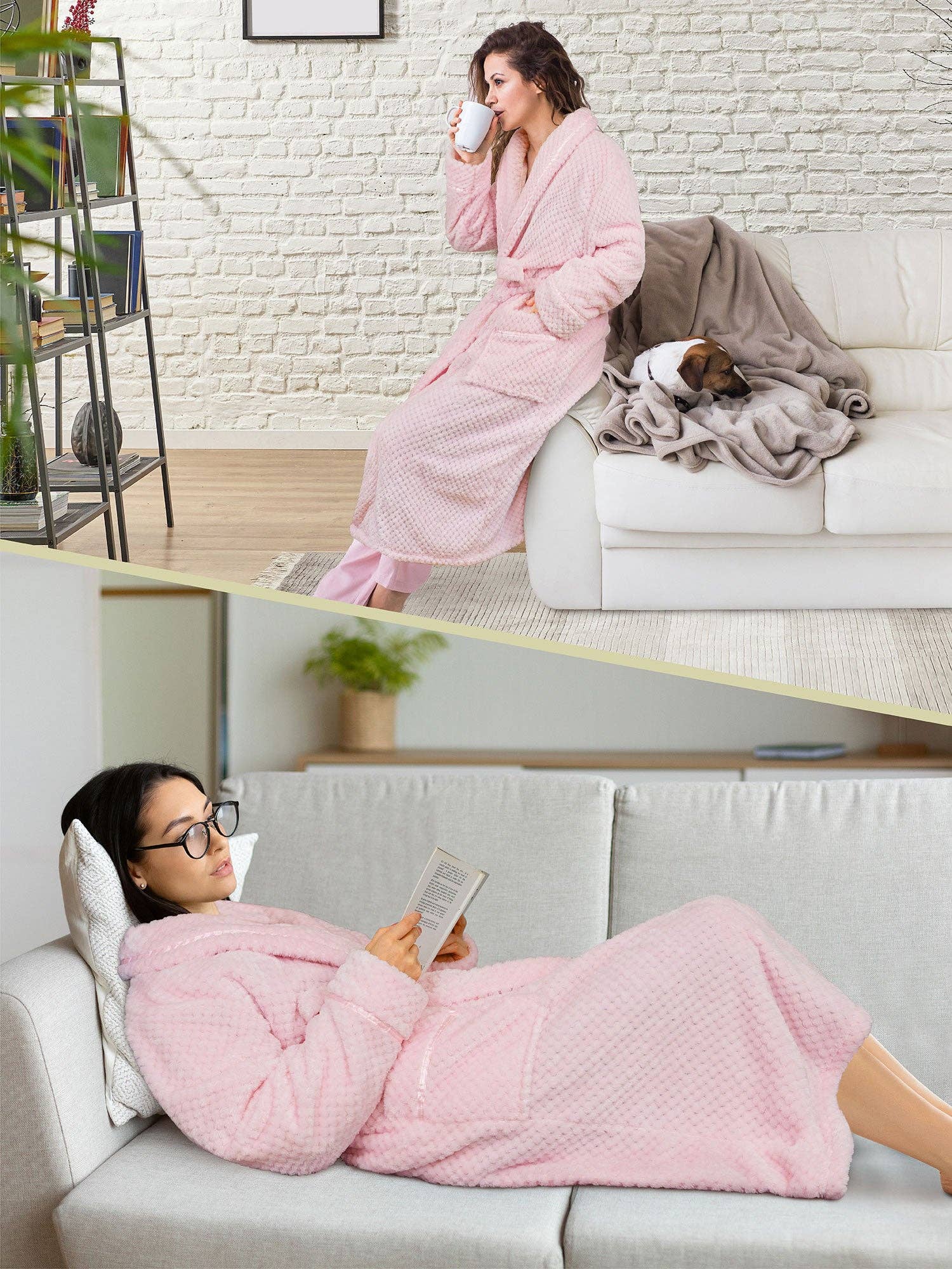 Women's Waffle Textured Satin Trim Fleece Robe