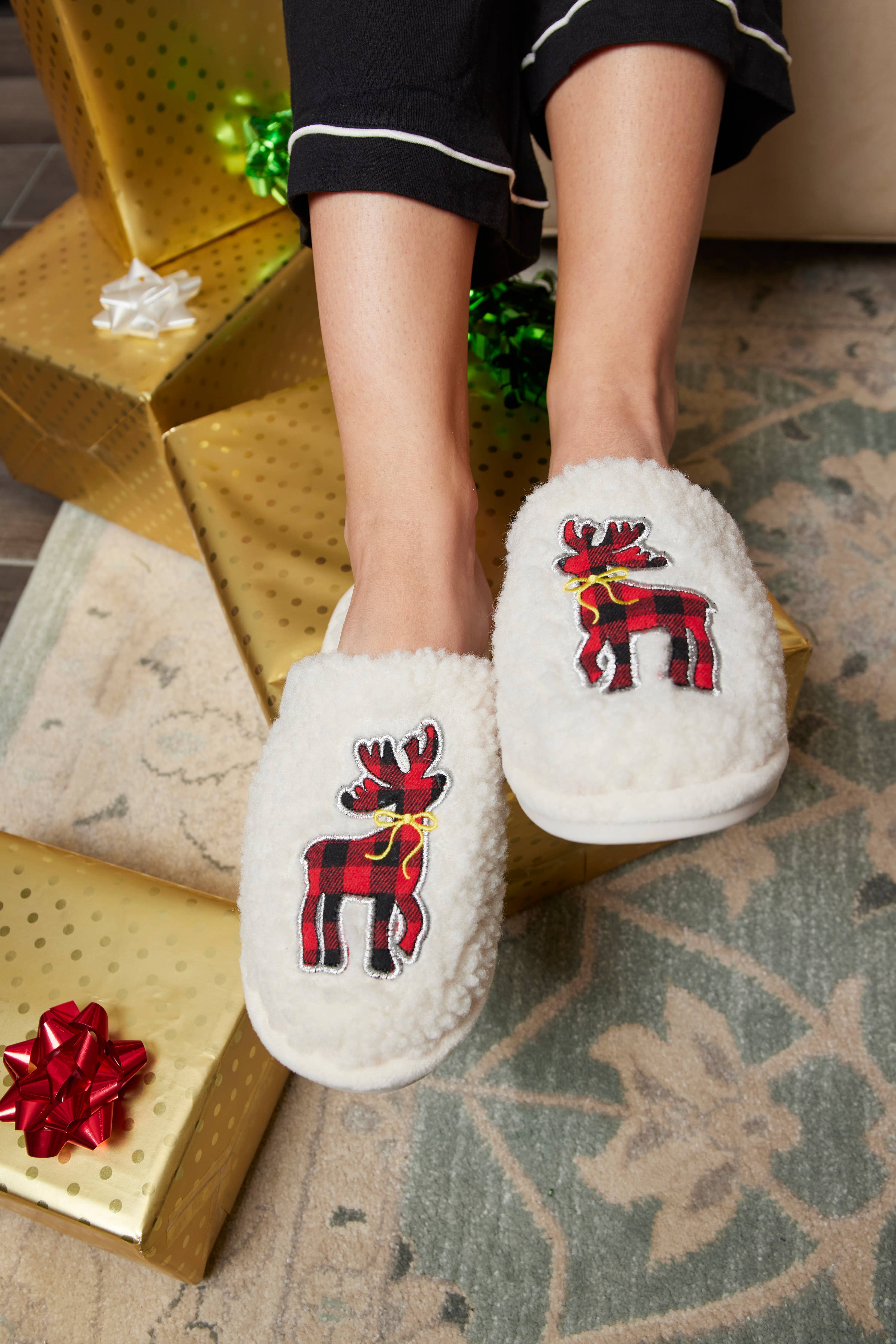 Women's Plaid Reindeer Plush Mule Slippers