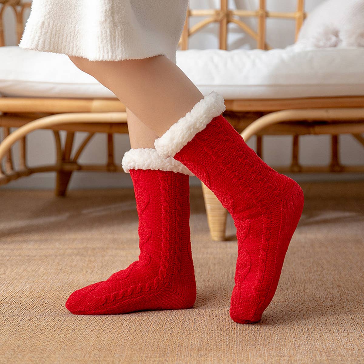 ACCITY Knit Solid Color Plush Sherpa Lined Slipper Socks