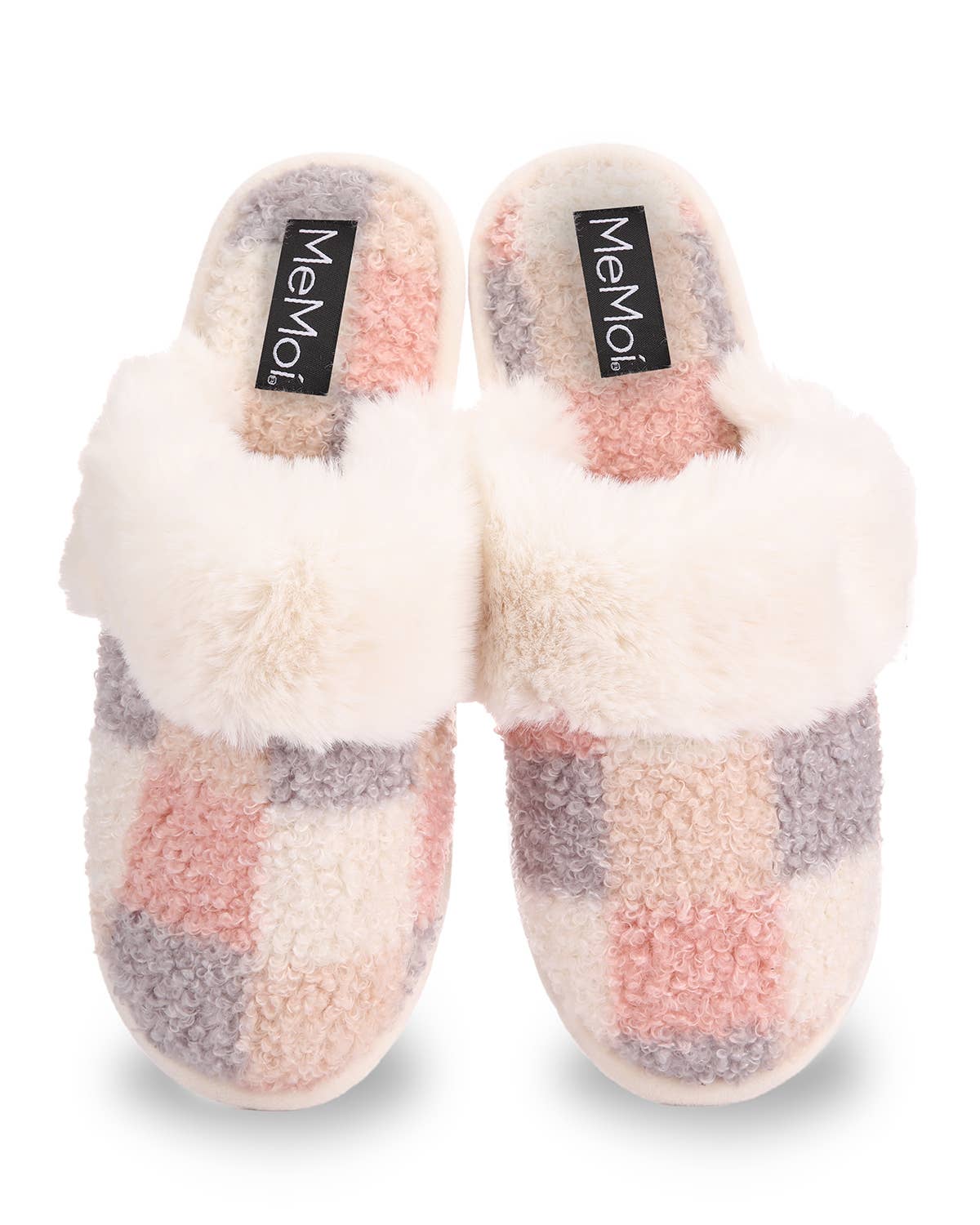 MeMoí Checkerboard & Faux Fur Memory Foam Mule Slippers