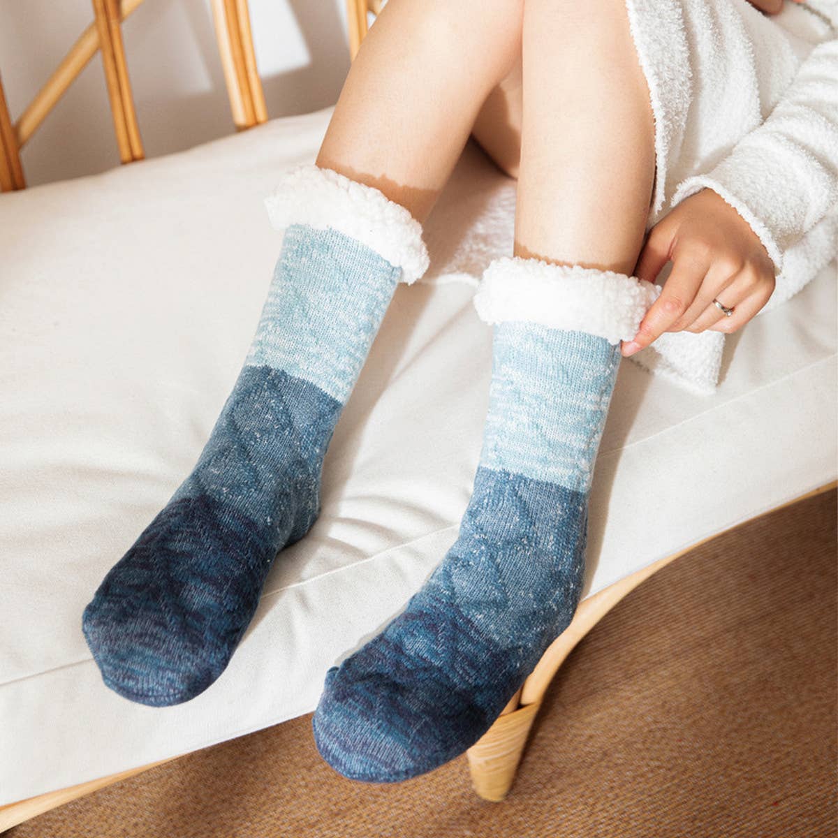 ACCITY Knit Patchwork Color Plush Sherpa Lined Slipper Socks