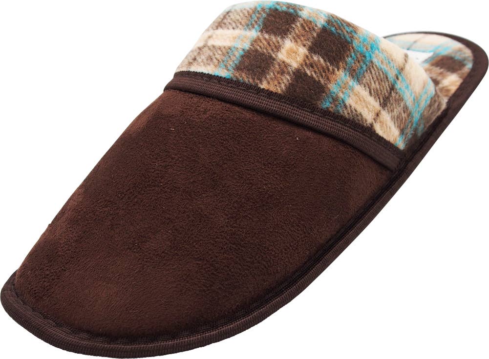 Norty Men's Faux Suede & Plaid Mule Slippers / Brown & Blue