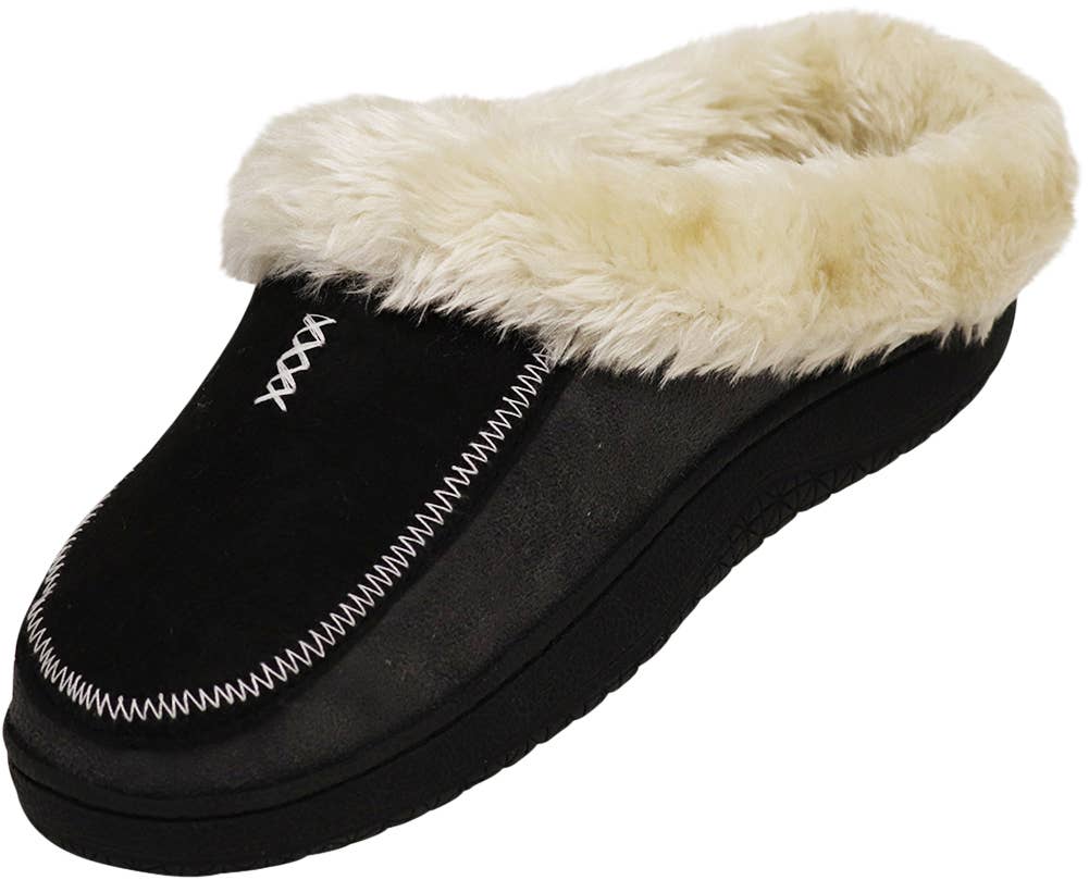 Norty Men's Faux Suede & Fur Twin Gore Memory Foam Clog Slippers / Black & Charcoal