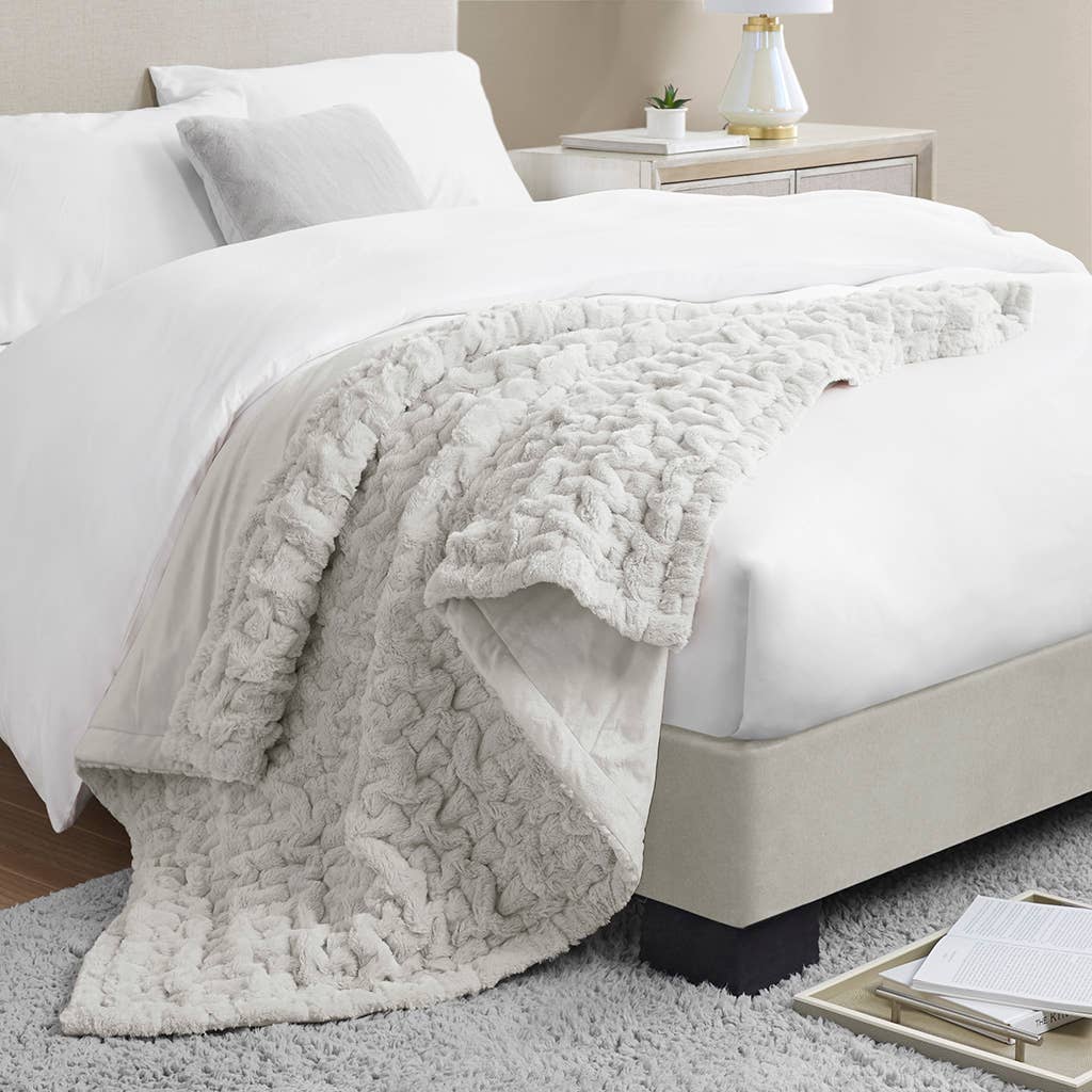 Soft Warm Ruched Faux Fur Throw Blanket 50x60", Silver Grey