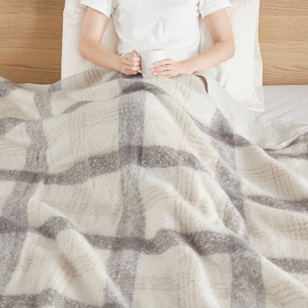 Plaid Faux Mohair Sherpa Soft Throw Blanket 50x60", Ivory