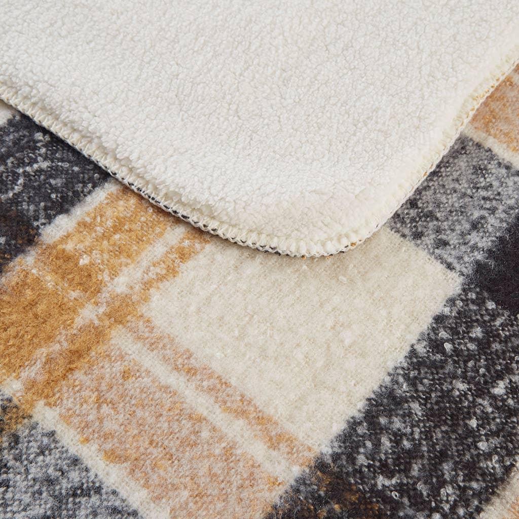 Plaid Faux Mohair Sherpa Throw Blanket 50x60", Tan