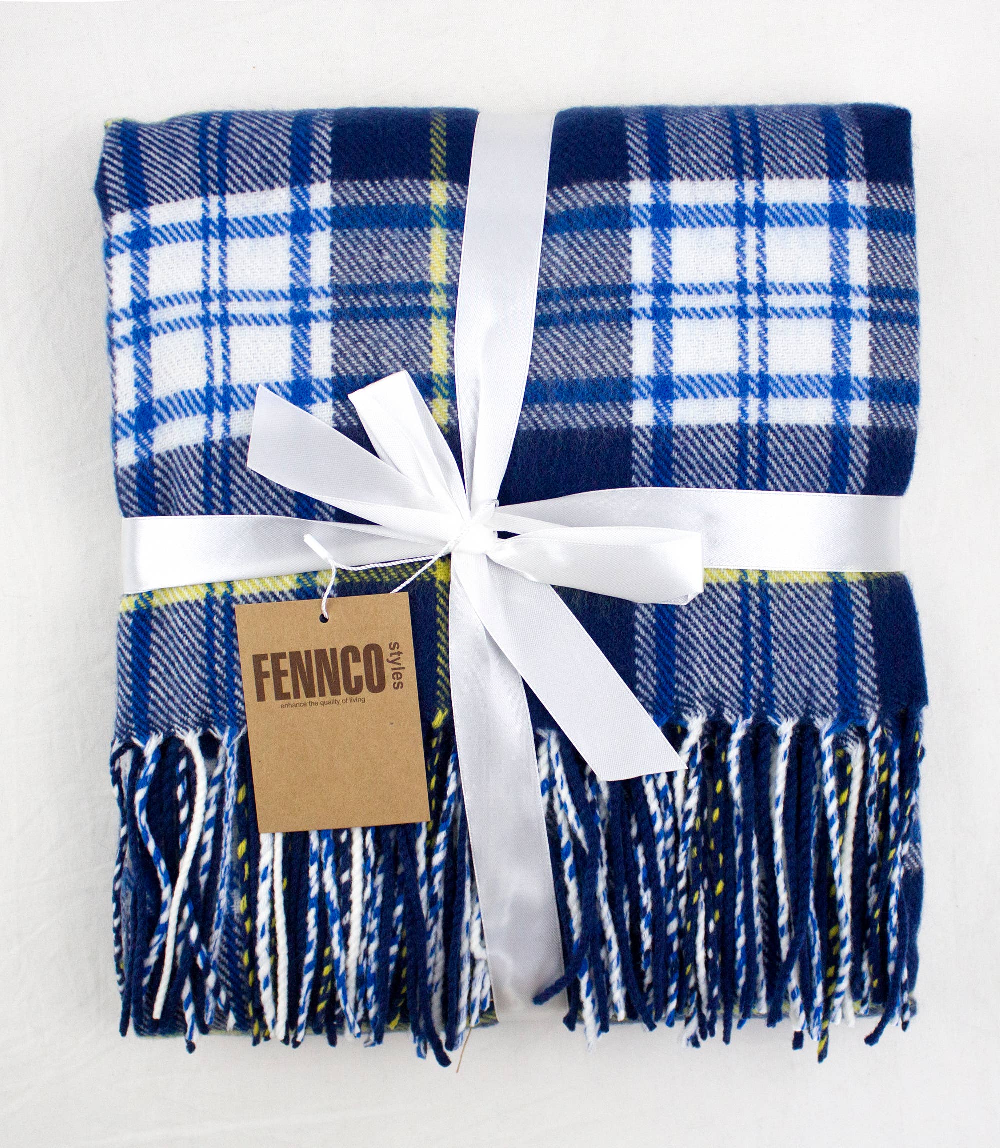 Fennco Styles Classic Plaid with Tassel Trim Throw Blanket / Navy Blue, White, Yellow