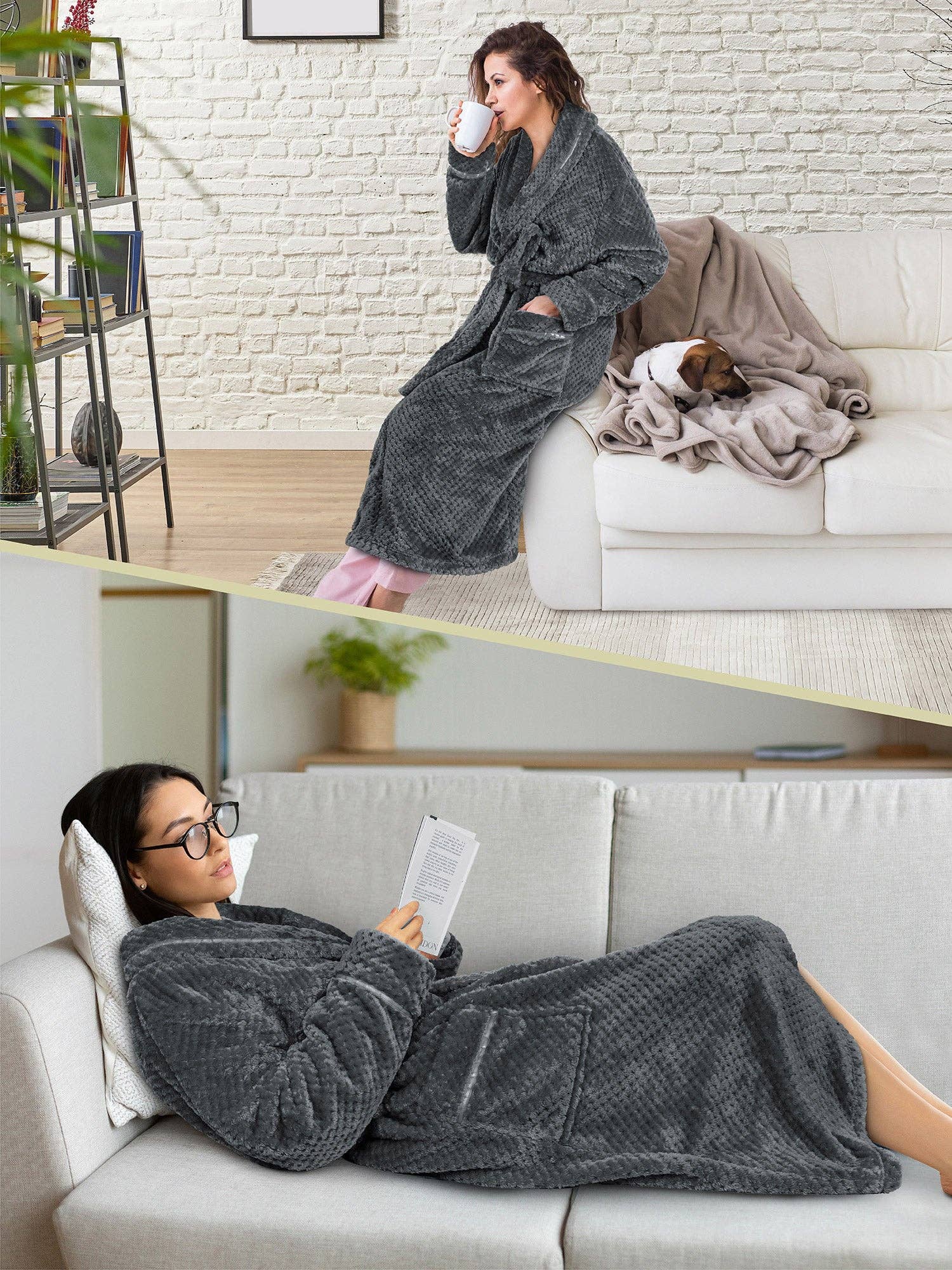 Women's Waffle Textured Satin Trim Fleece Robe