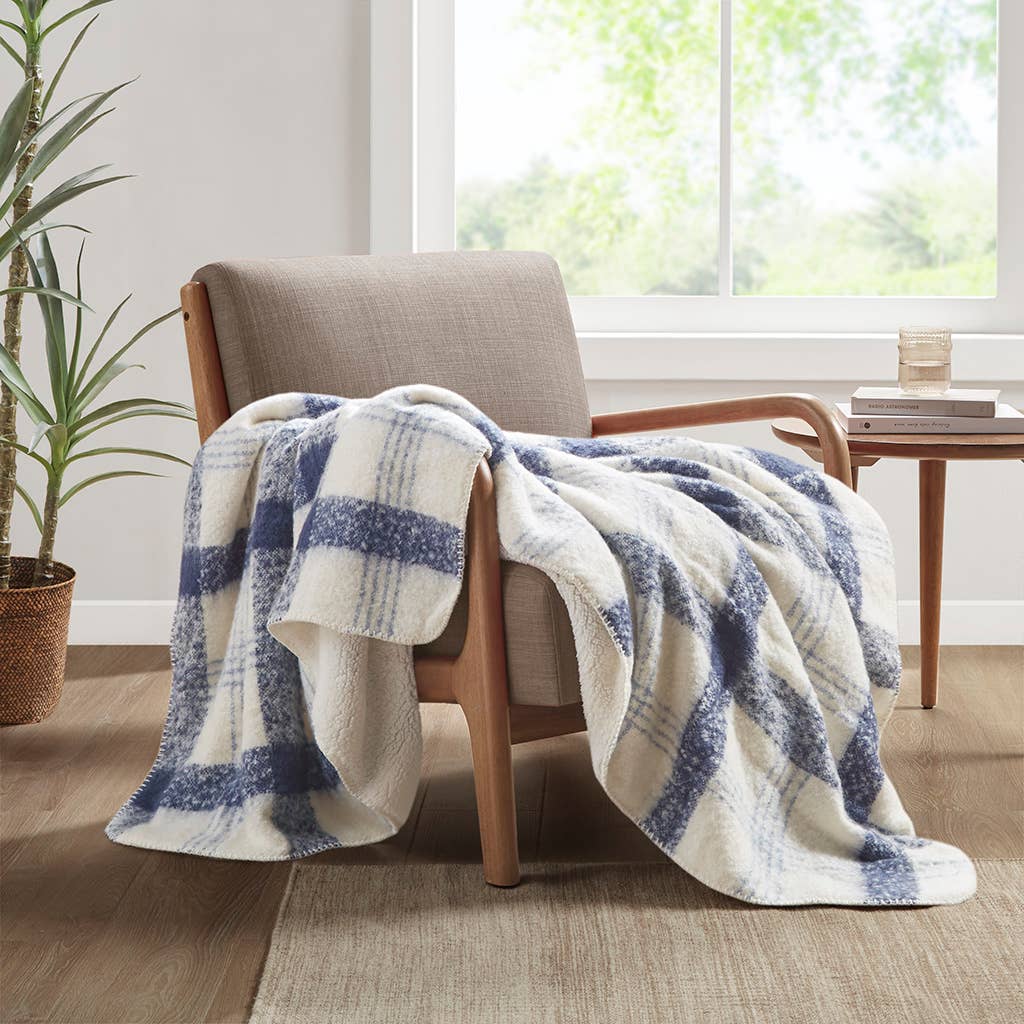 Plaid Faux Mohair Sherpa Throw Blanket 50x60", Blue