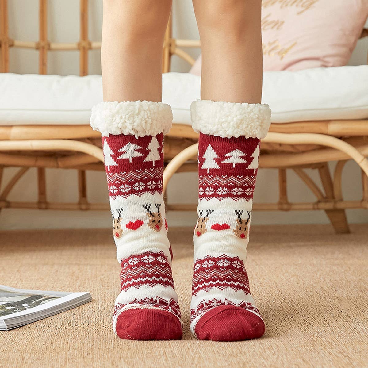 ACCITY Holidays Reindeer & Heart Plush Sherpa Lined Slipper Socks