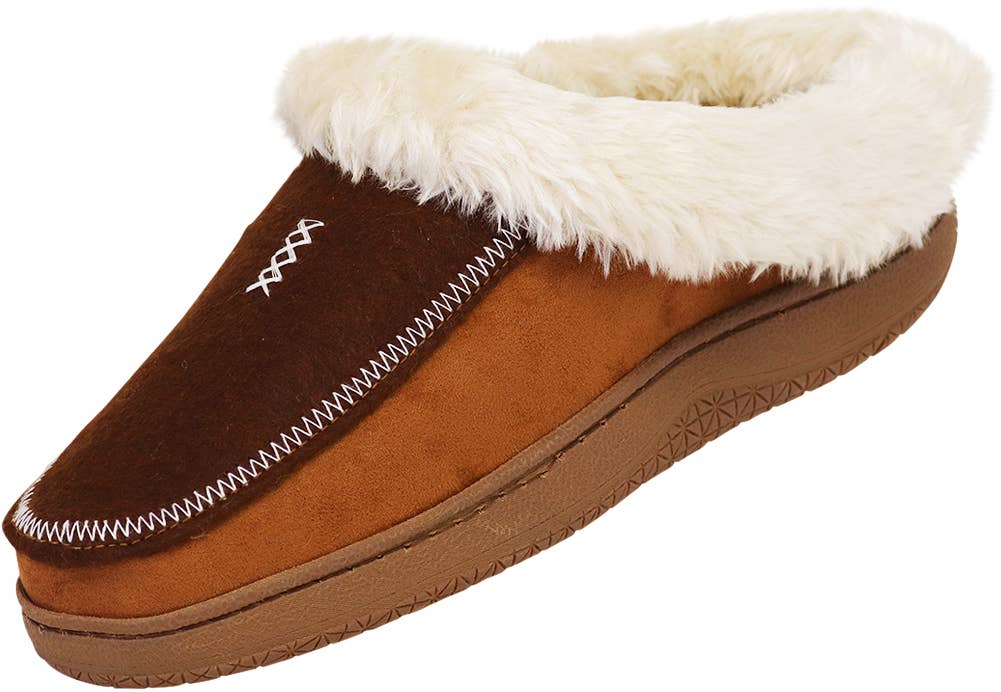 Norty Men's Faux Suede & Fur Twin Gore Memory Foam Clog Slippers / Brown & Camel
