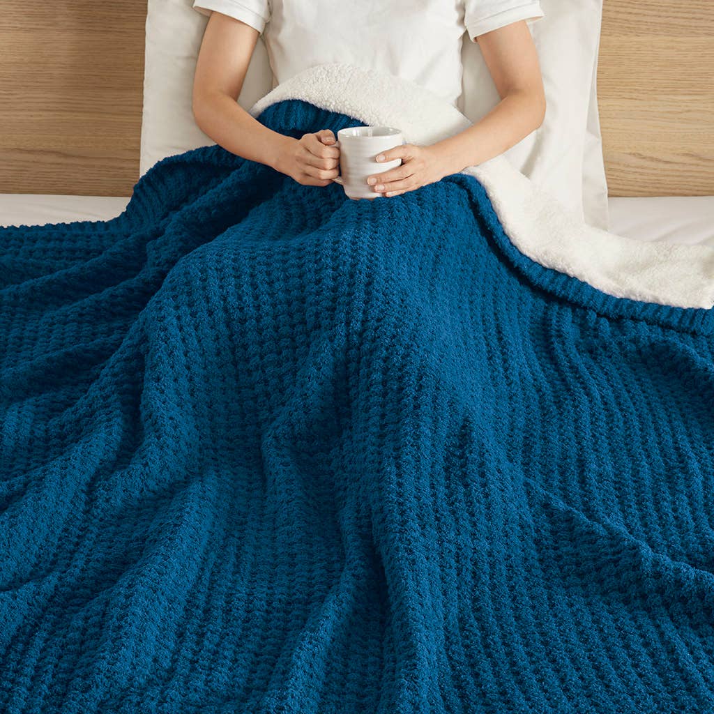 Sherpa Waffle Knit Chenille Throw, Navy Blue