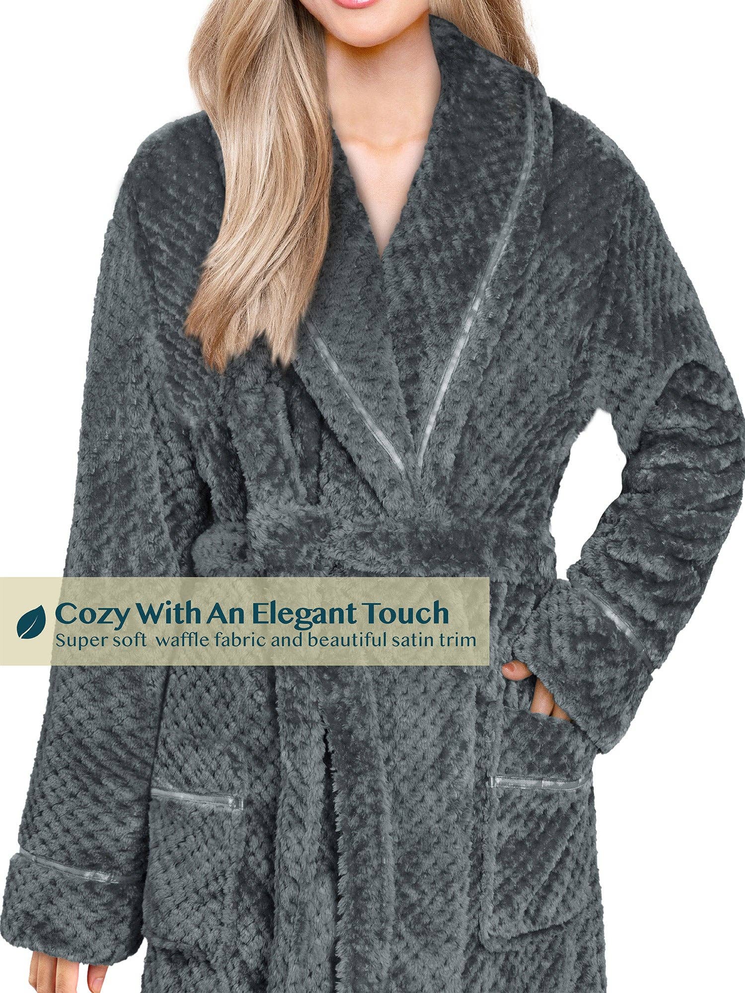 Women's Waffle Textured Satin Trim Fleece Robe