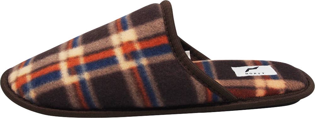 Norty Men's Plaid Fleece Mule Slippers / Brown, Blue, Orange, & Beige