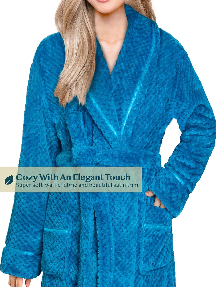 Pavilia Waffle Textured Satin Trim Fleece Women's Robe
