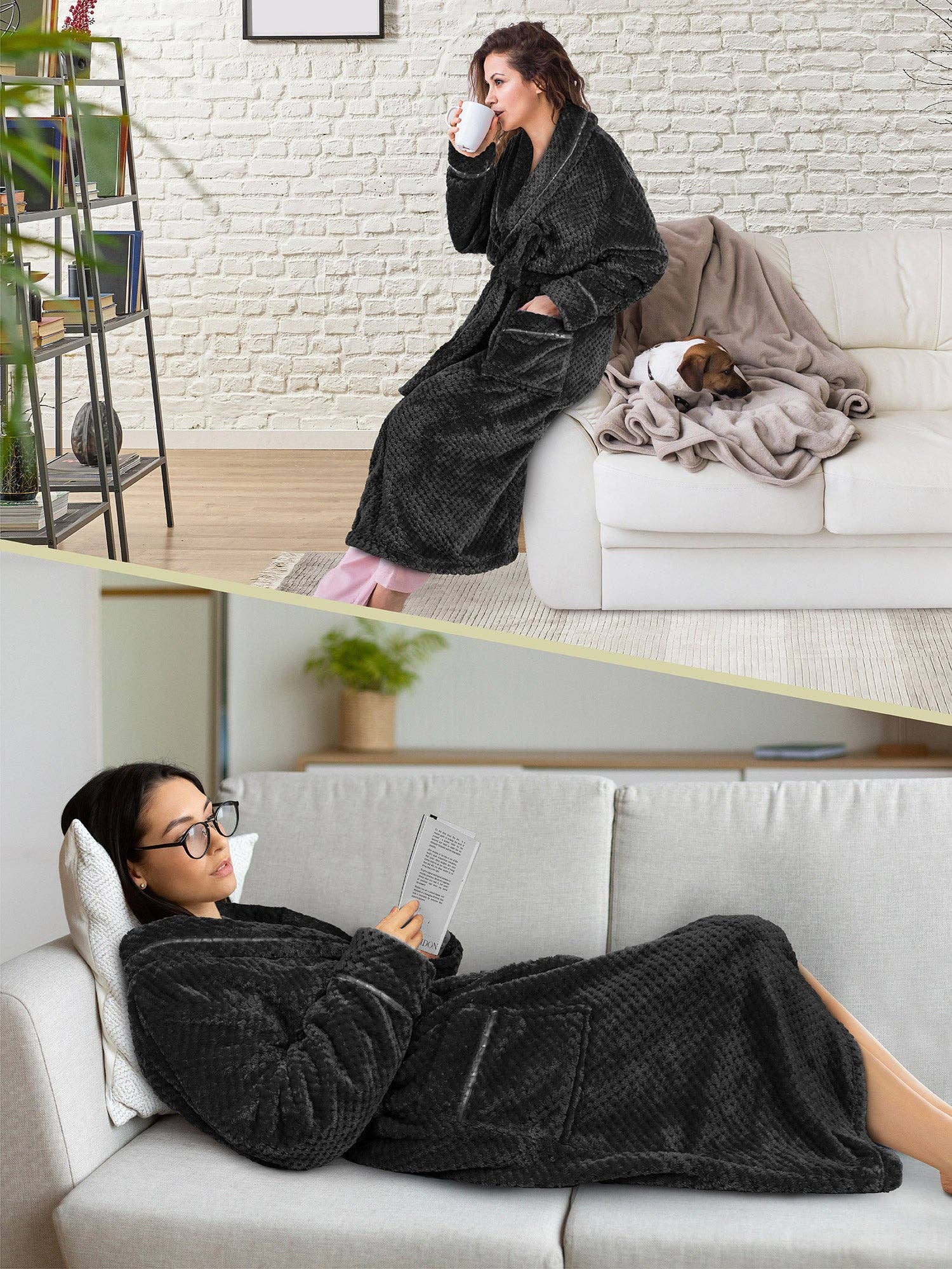 Women's Waffle Textured Satin Trim Fleece Robe