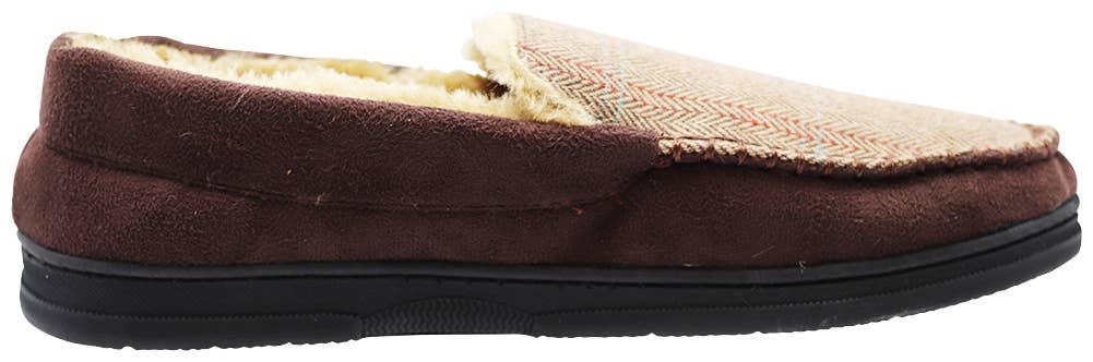 Norty Men's Herringbone Memory Foam Moccasin Slippers / Chocolate & Beige