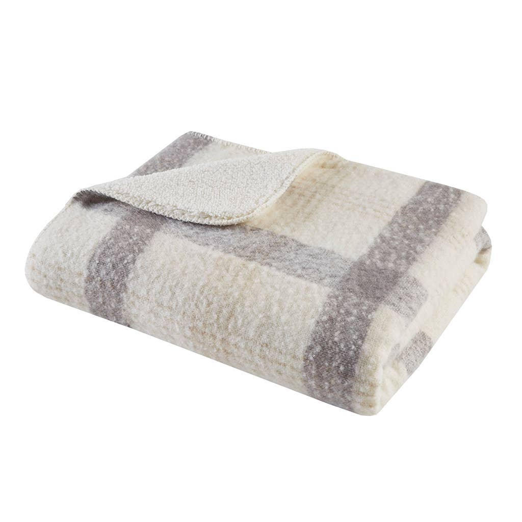 Plaid Faux Mohair Sherpa Soft Throw Blanket 50x60", Ivory