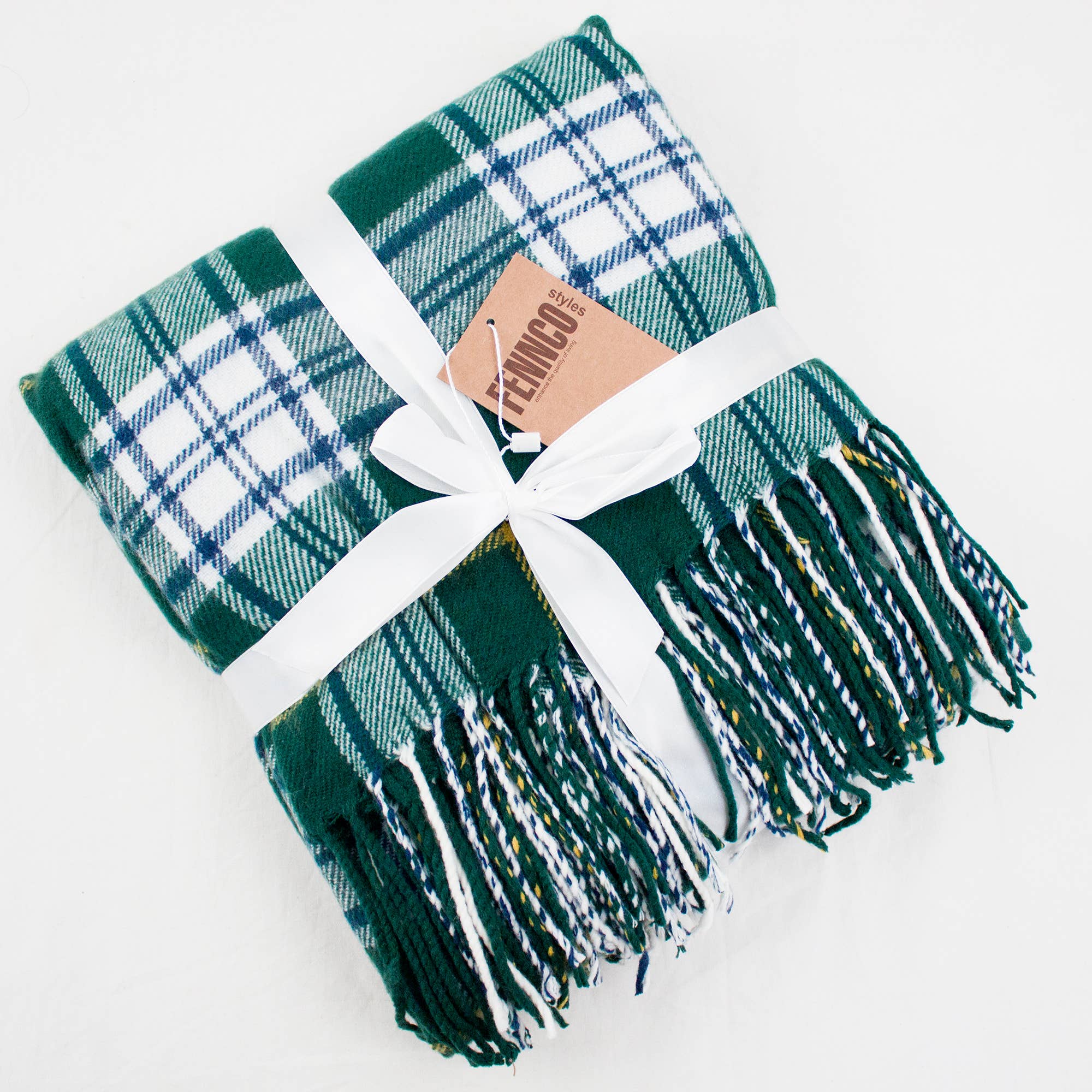 Fennco Styles Classic Plaid with Tassel Trim Throw Blanket / Green, Blue, White, Yellow