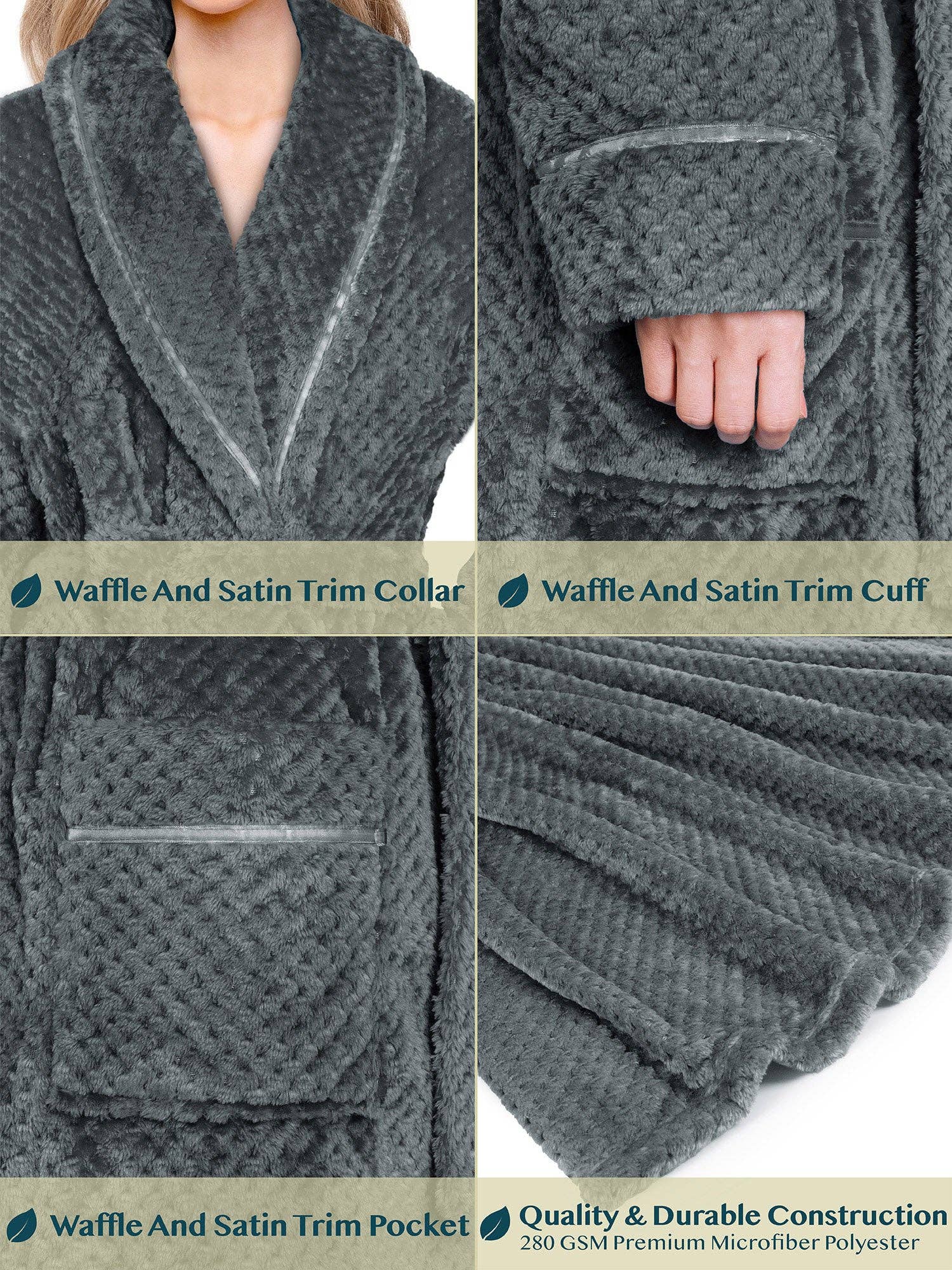 Women's Waffle Textured Satin Trim Fleece Robe