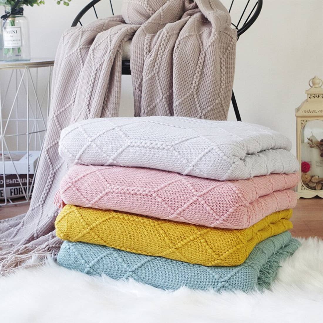 Fennco Styles Rhombus Diamond Knit with Tassel Trim Throw Blanket