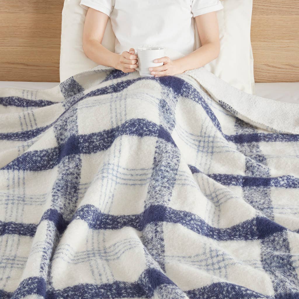 Plaid Faux Mohair Sherpa Throw Blanket 50x60", Blue