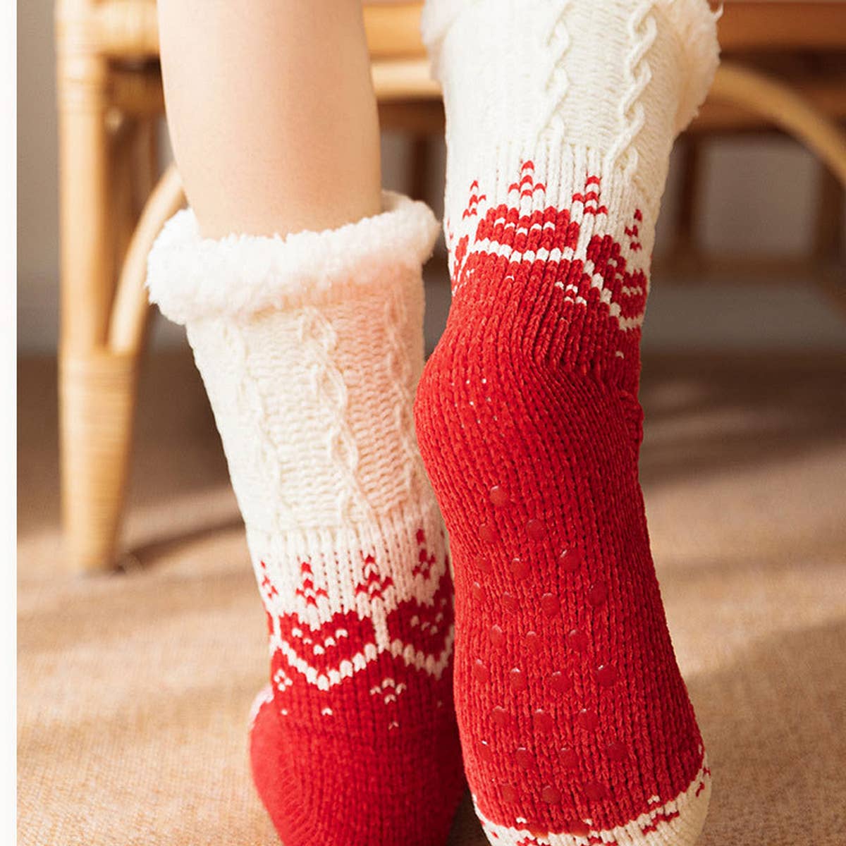 ACCITY Knit with Hearts Plush Sherpa Lined Slipper Socks