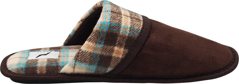 Norty Men's Faux Suede & Plaid Mule Slippers / Brown & Blue