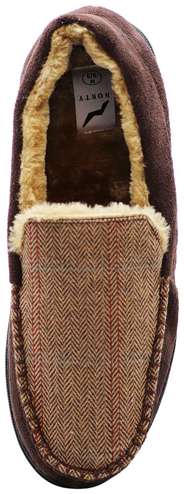 Norty Men's Herringbone Memory Foam Moccasin Slippers / Chocolate & Beige