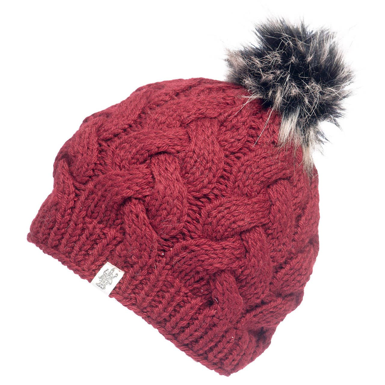 Nirvanna Designs Boheme Cable Hand-Knit Wool Beanie with Faux Fur Pom