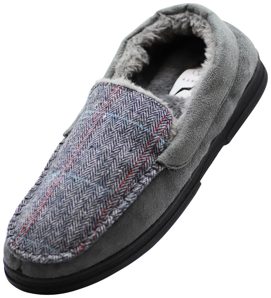 Norty Men's Herringbone Memory Foam Moccasin Slippers / Navy Blue & Gray