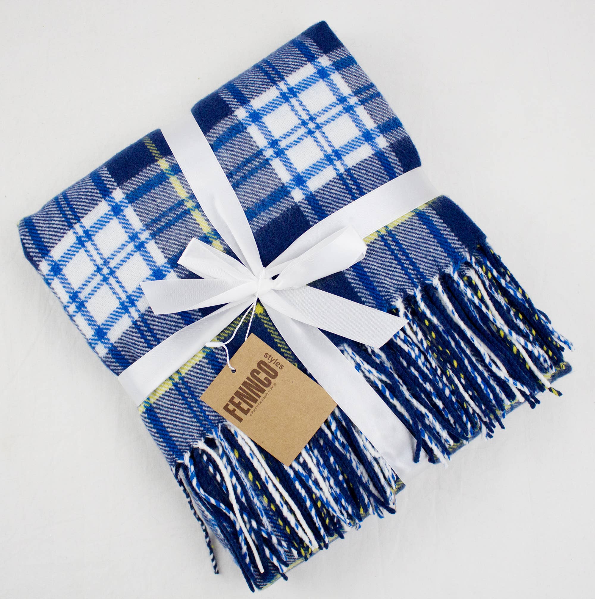 Fennco Styles Classic Plaid with Tassel Trim Throw Blanket / Navy Blue, White, Yellow