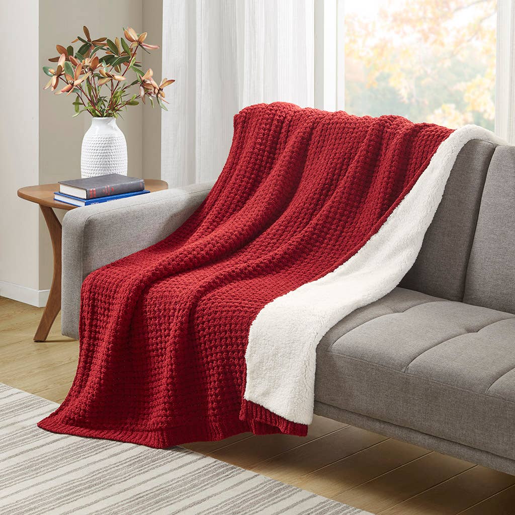 Sherpa Waffle Knit Chenille Throw, Red