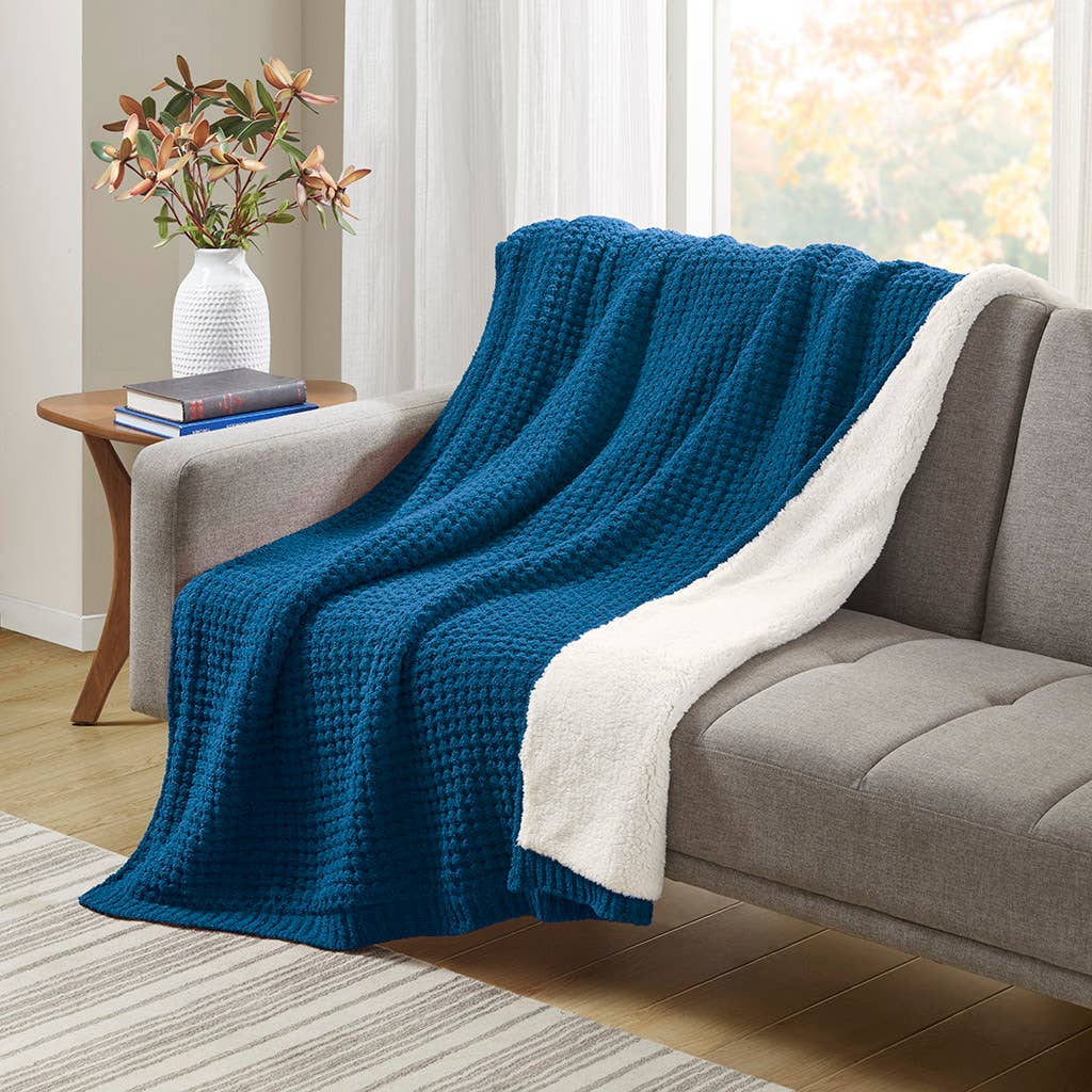 Sherpa Waffle Knit Chenille Throw, Navy Blue