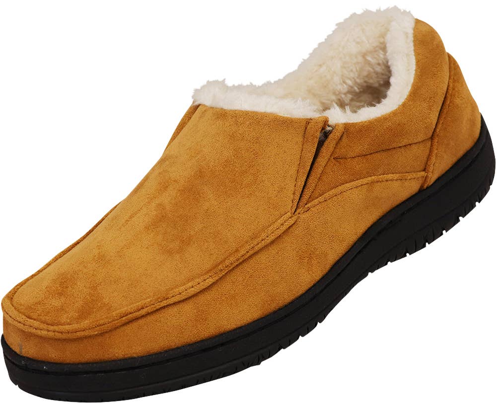 Norty Men's Faux Suede Twin Gore Memory Foam Moccasin Slippers / Camel