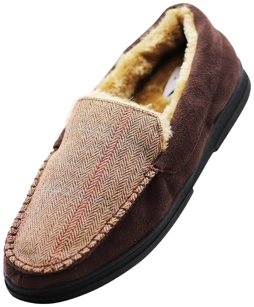 Norty Men's Herringbone Memory Foam Moccasin Slippers / Chocolate & Beige