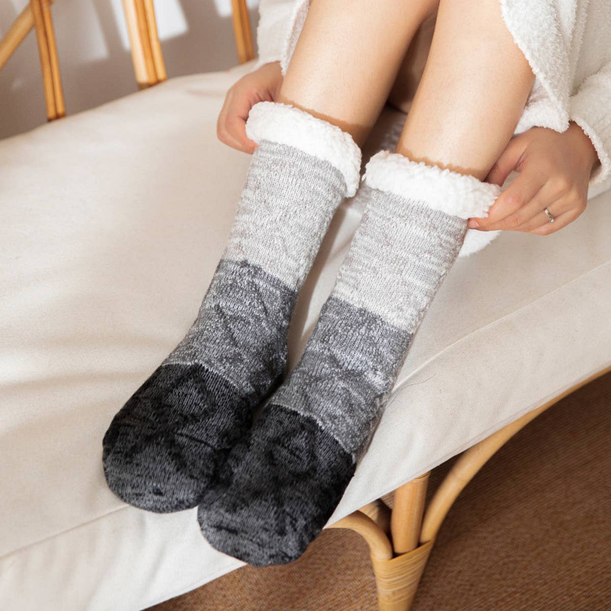 ACCITY Knit Patchwork Color Plush Sherpa Lined Slipper Socks